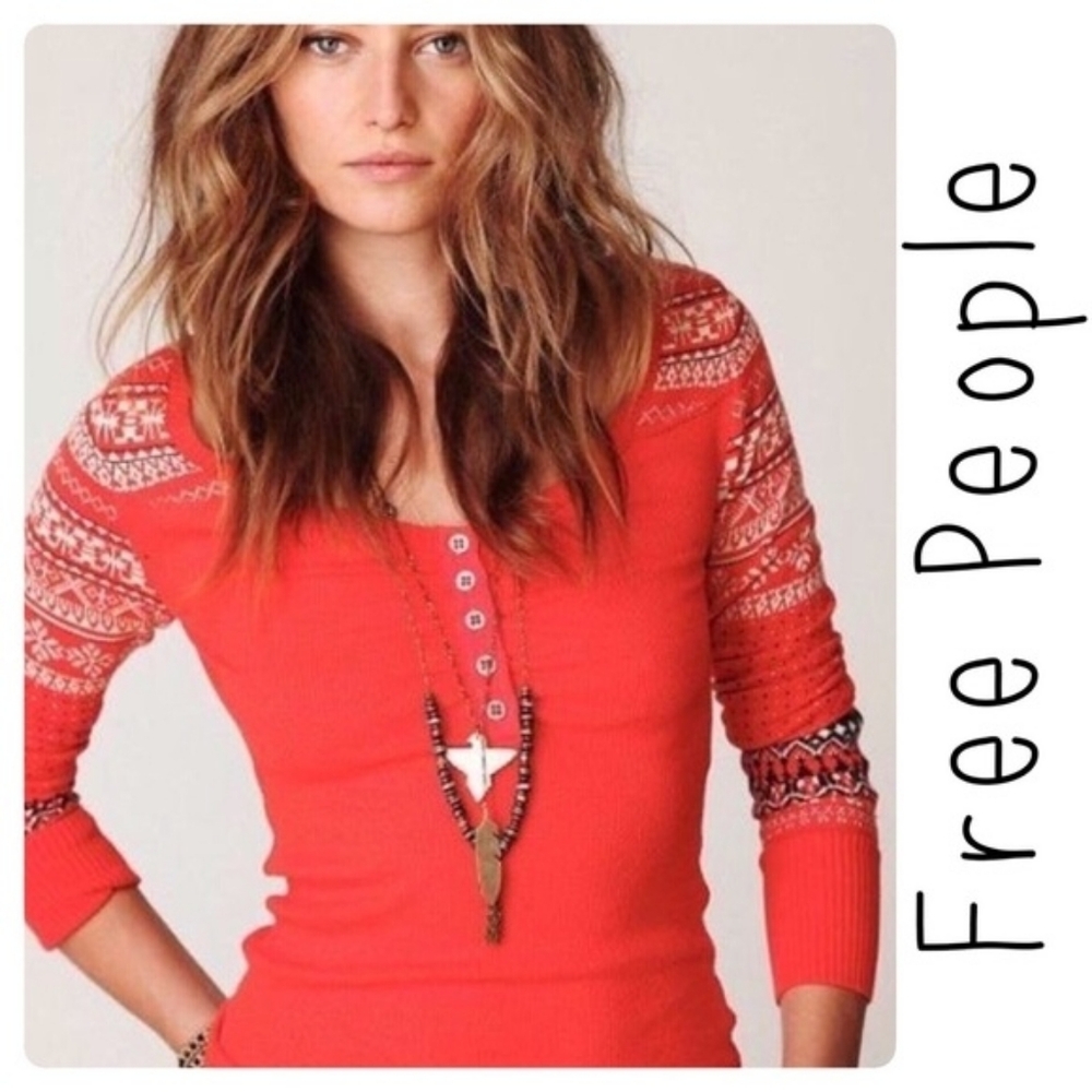 We The Free Nordic Fair Isle Henley Red Patterned Thermal Long Sleeve Top XS